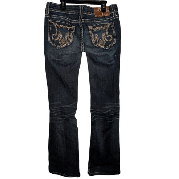 MEK DNM Denim Buckle Dark Wash Rhinestone Pocket Saka Slim Boot Cut Jeans Tall - Picture 2 of 7